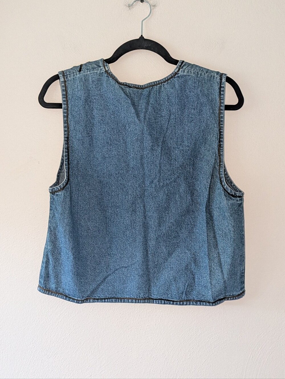 S Embroidered Denim Vest with Multicolor Leaf Appliqué - Picture 2 of 5
